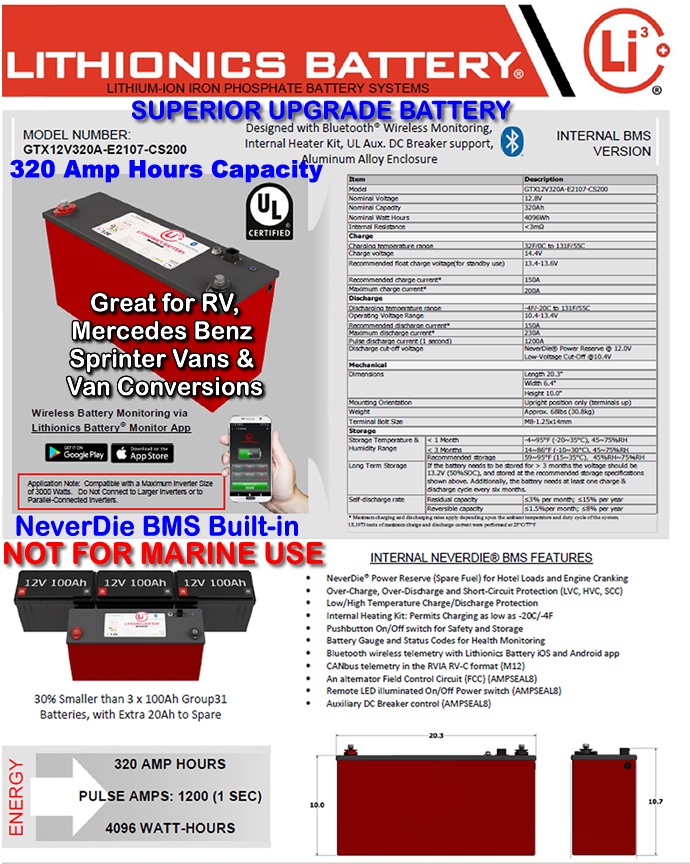 Compact 12 Volt 320 Amp hour high perforamce Lithionics Battery lithium-ion battery with internal BMS for RVs of all makes