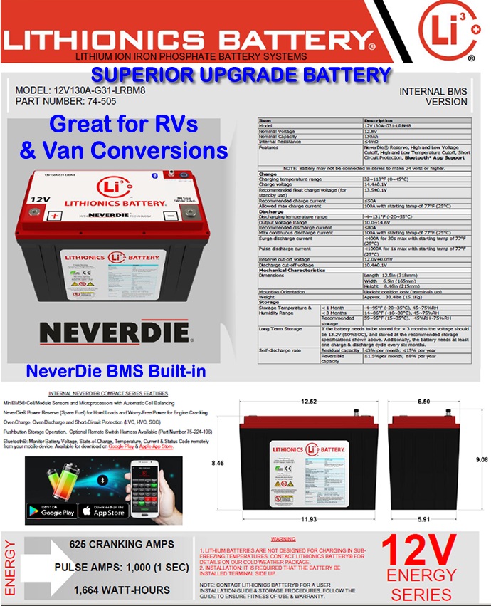 Compact 12 Volt 130 Amp hour high perforamce Lithionics Battery lithium-ion battery with internal BMS for RVs of all makes